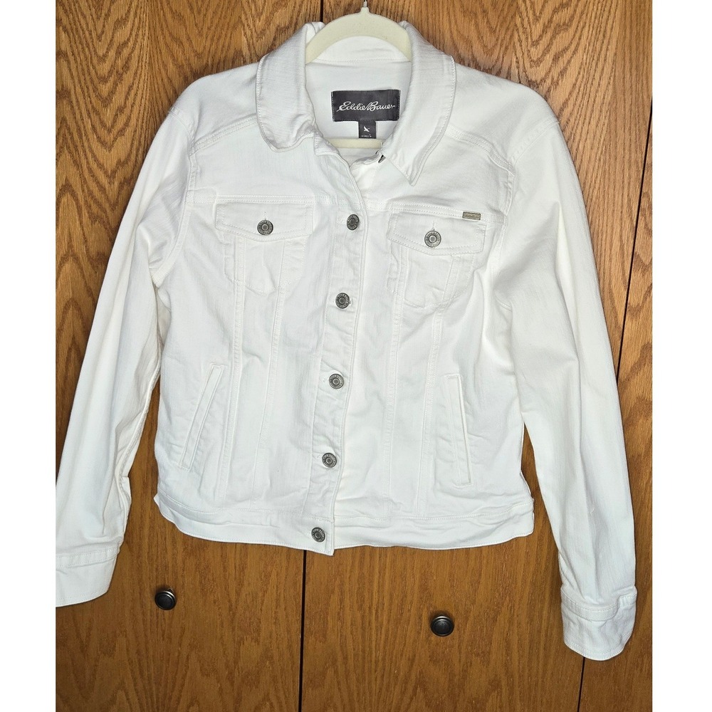Eddie Bauer Womens White Denim Trucker Jacket Size L Cotton Blend Stretch